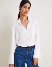 Sandra Plain Floral-Button Shirt , Ivory (IVORY), large