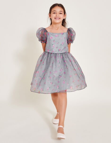 Puff Sleeve Floral Organza Dress, Blue (BLUE), large