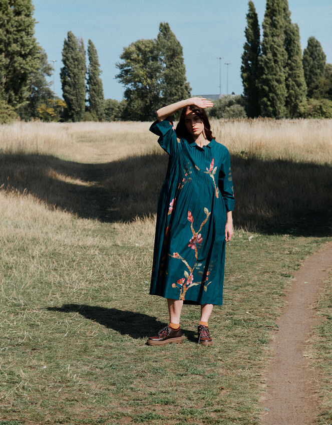 East Aphira Floral Pleated Shirt Dress, Teal (TEAL), large