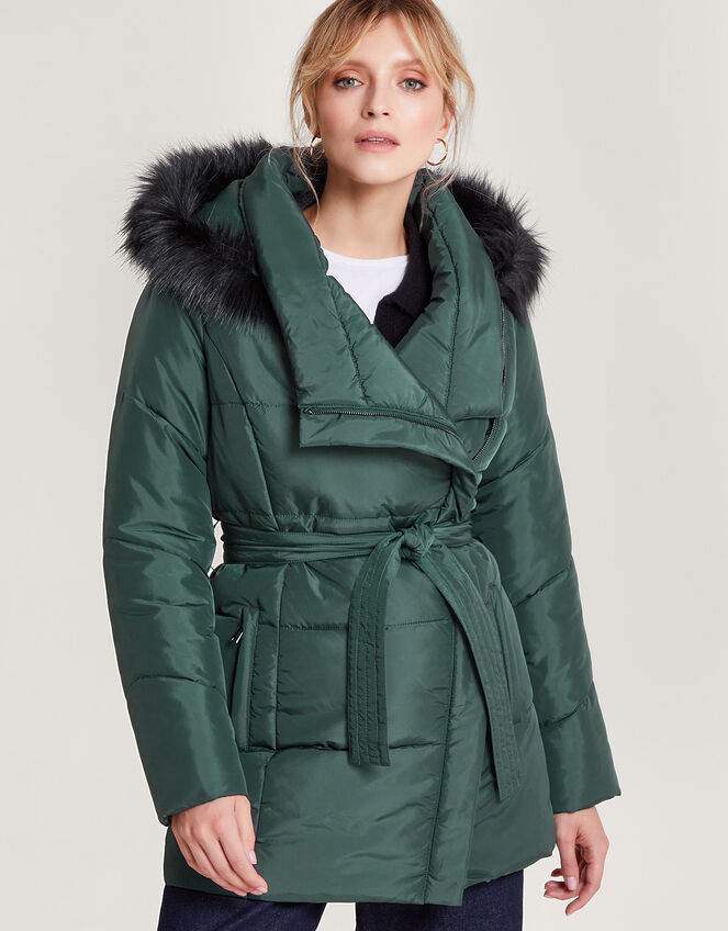 Pauline Faux Fur Hood Puffer Coat, Green (GREEN), large