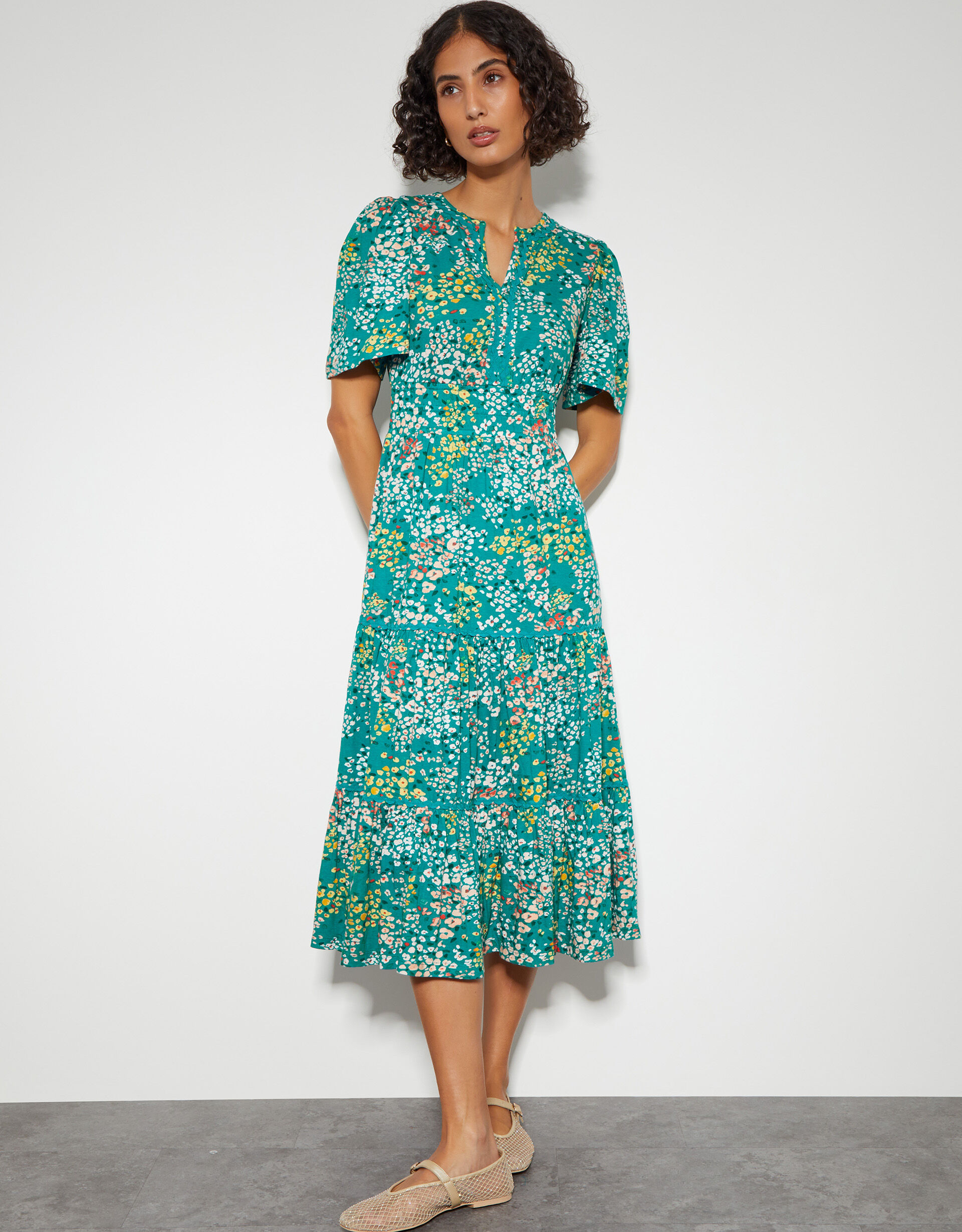 Micola Short Sleeve Floral Midi Dress Teal
