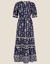 V-Neck Button Ikat Print Midi Dress in Sustainable Cotton, Blue (NAVY), large