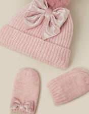 Baby Bow Beanie Hat & Mittens Set, Pink (PINK), large