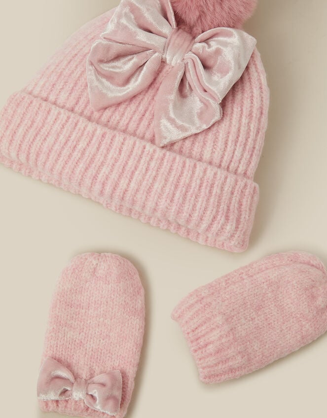 Baby Bow Beanie Hat & Mittens Set, Pink (PINK), large