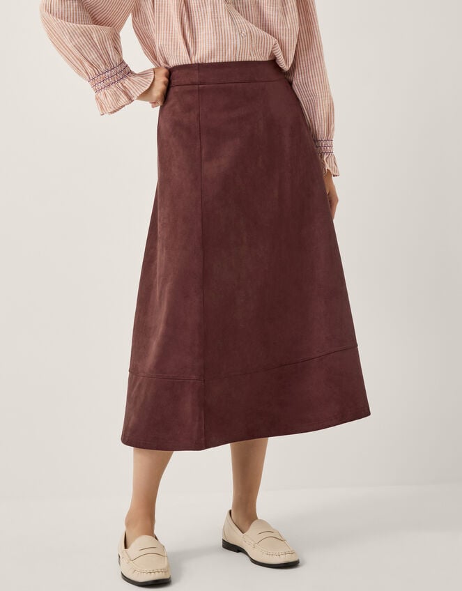 Rowan Suedette A-Line Midi Skirt, Brown (CHOCOLATE), large