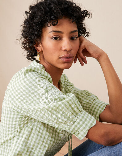 Gingham Embroidered Top in Sustainable Cotton Green, Green (GREEN), large