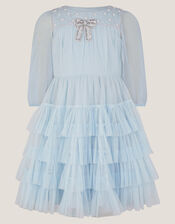 Long Sleeve Bow Beaded Ruffle Dress, Blue (BLUE), large