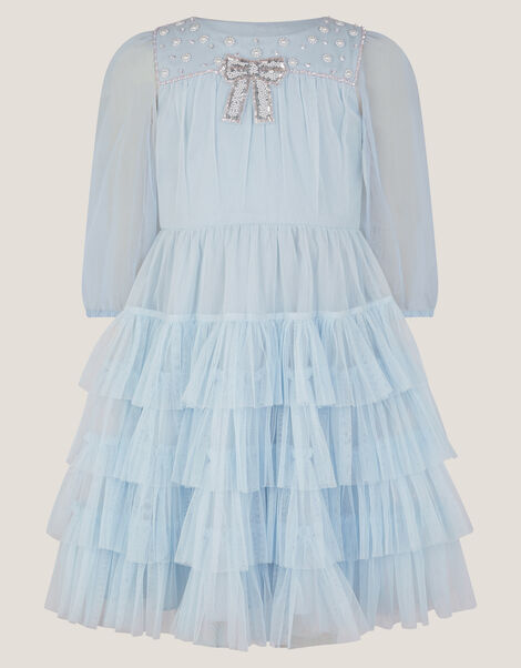 Long Sleeve Bow Beaded Ruffle Dress, Blue (BLUE), large