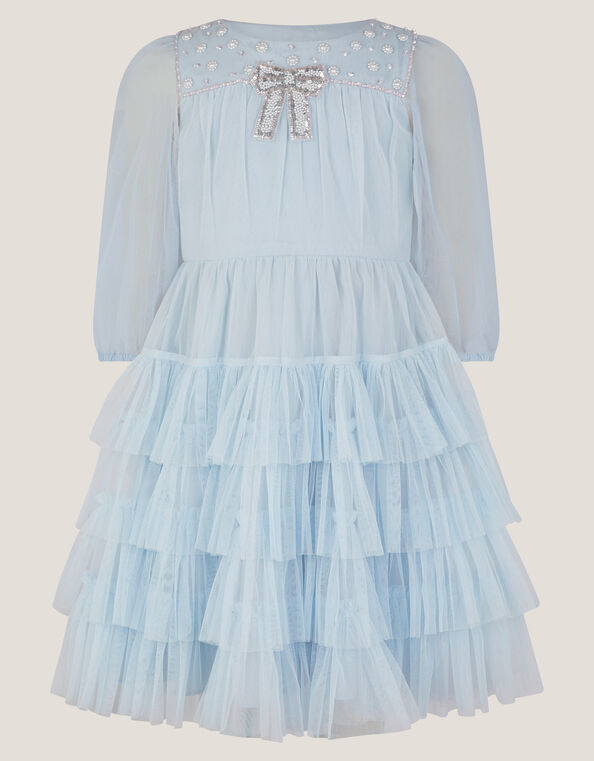 Long Sleeve Bow Beaded Ruffle Dress, Blue (BLUE), large
