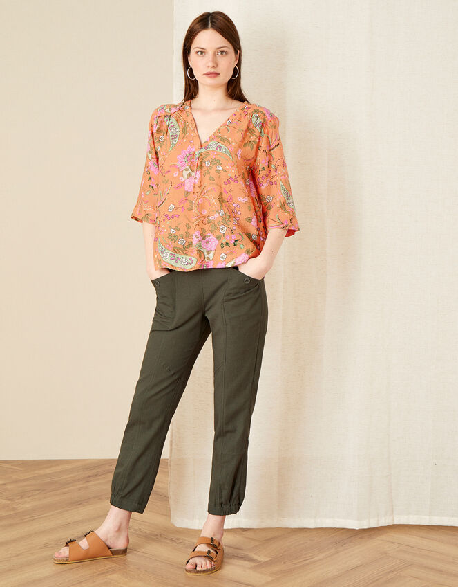 Paisley Print Top in Linen Blend, Orange (CORAL), large