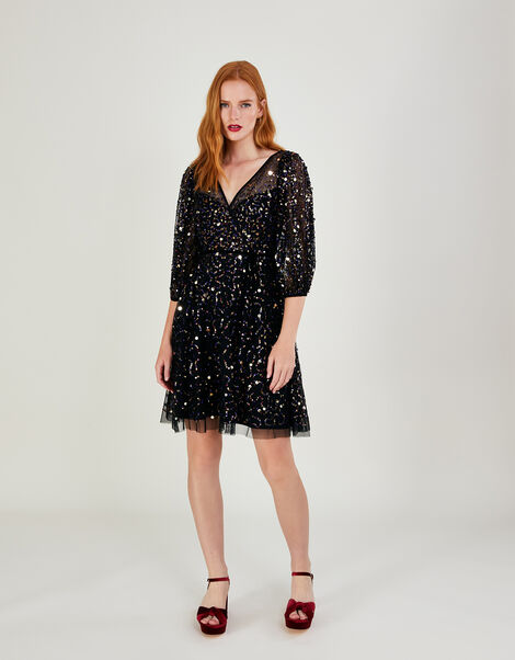 Addy Sequin Wrap Dress in Recycled Polyester Black, Black (BLACK), large