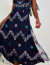 Fiorella Frill Strap Embroidered Dress, Blue (NAVY), large