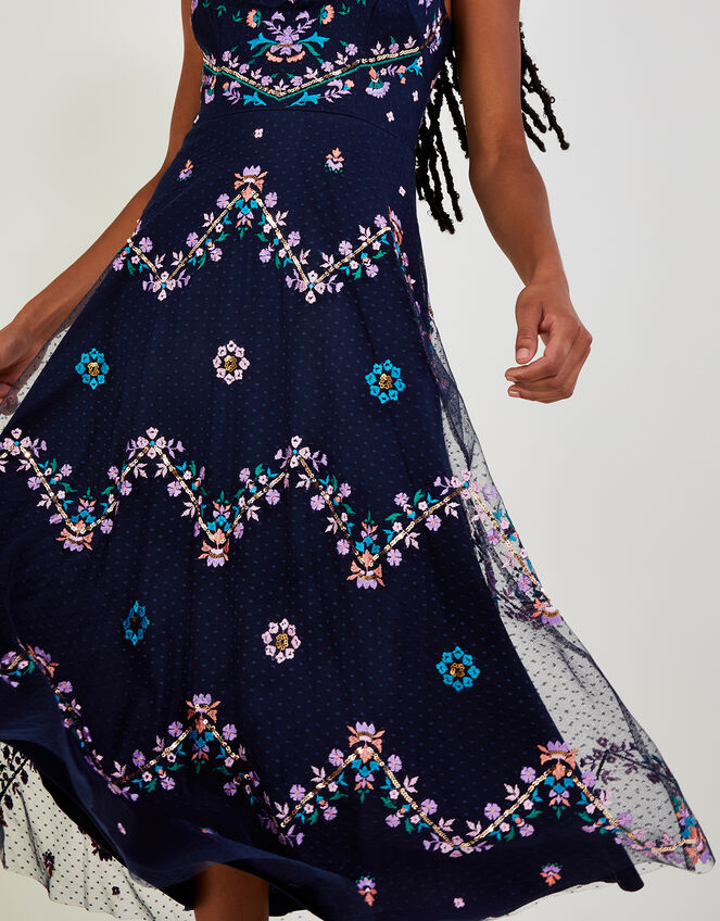 Fiorella Frill Strap Embroidered Dress, Blue (NAVY), large