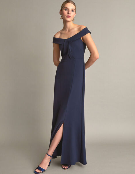 Beatrice Crepe Bardot Maxi Dress Blue, Blue (NAVY), large