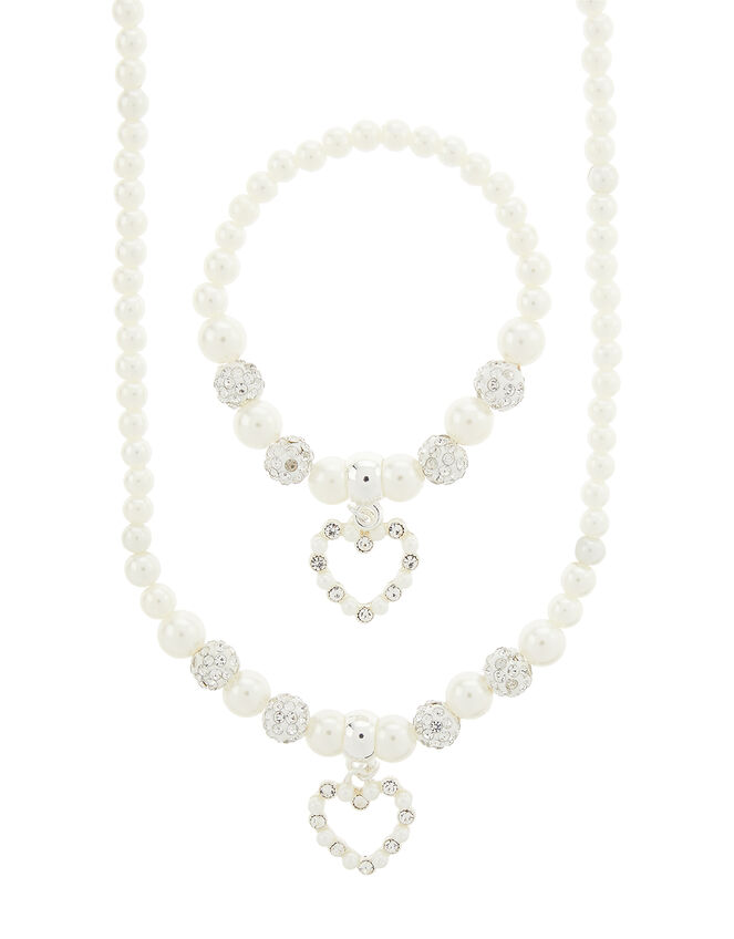 Pearl and Diamante Heart Jewellery Set, , large