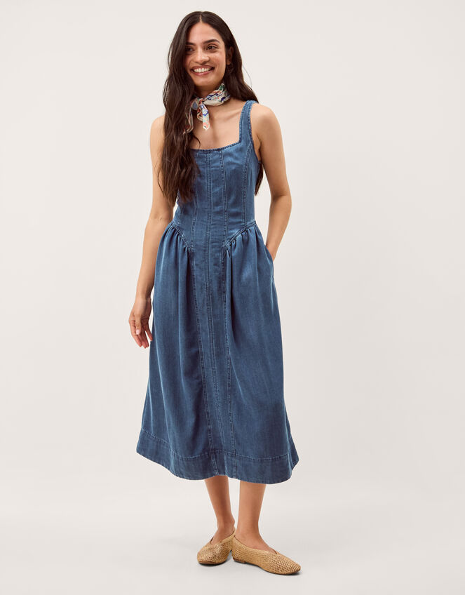 Delia Denim Midi Corset Dress, Blue (DENIM BLUE), large