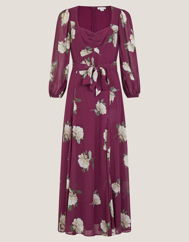 Amber Floral Print Midi Dress & Scarf, Red (BURGUNDY), large