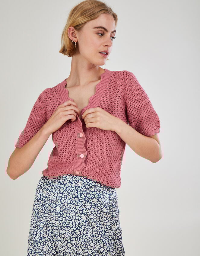 Half Sleeve Plain Cardigan in Sustainable Cotton, Pink (PINK), large