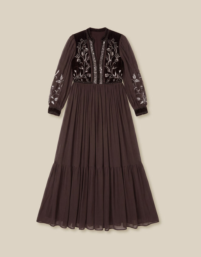 Josephine Long Sleeve Floral Embellished Maxi Dress, Brown (CHOCOLATE), large
