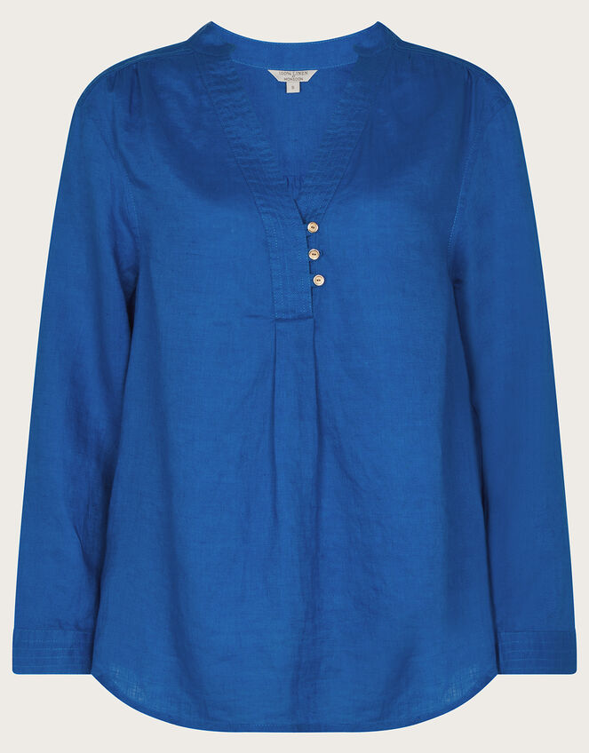 India Overhead Nehru Collar Linen Shirt, Blue (COBALT), large