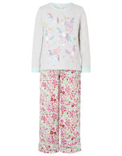 Unicorn Floral PJ Set in Organic Cotton, Camel (OATMEAL), large
