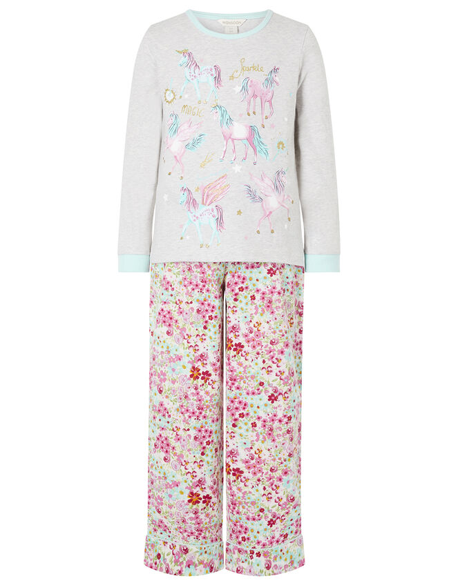 Unicorn Floral PJ Set in Organic Cotton, Camel (OATMEAL), large