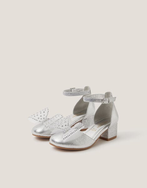 Diamanté Bow Metallic Two-Part Heels, Silver (SILVER), large