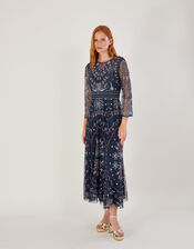 Jeannine Embellished Midi Dress in Recycled Polyester, Blue (NAVY), large