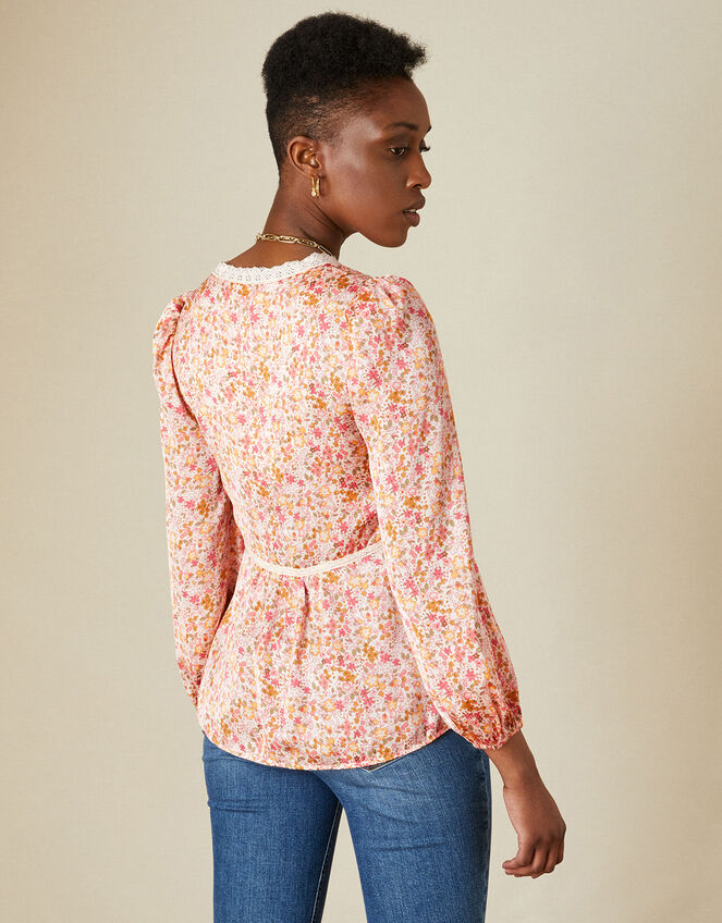 Ditsy Print Button Through Blouse with Recycled Polyester, Cream (CREAM), large