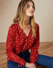 Floral Print Long Sleeve Linen Top, Red (RED), large