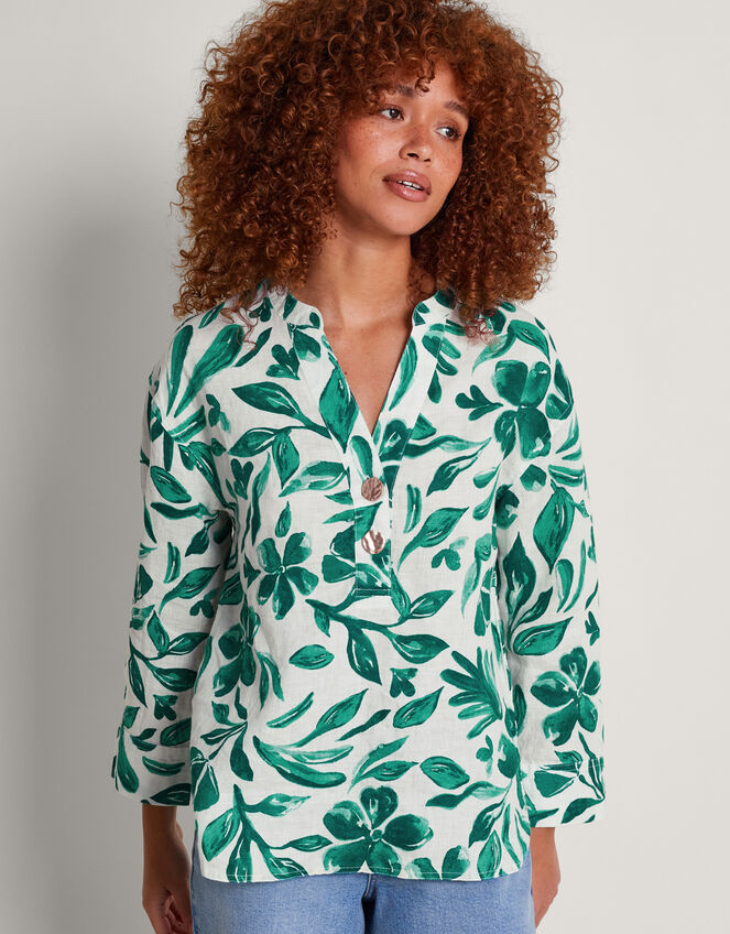 Naomi Print Linen Blouse, Green (GREEN), large