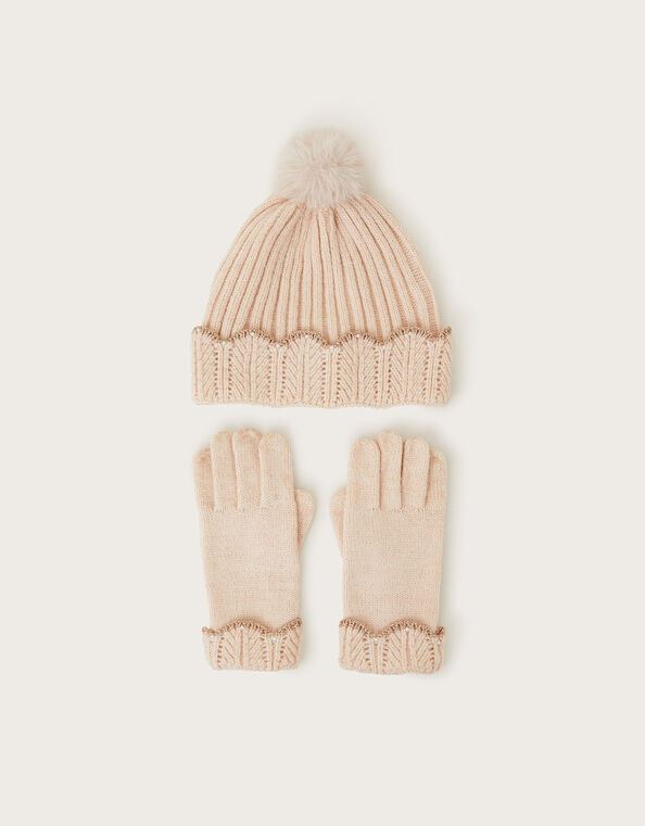 Faux Fur Pom-Pom Hat and Gloves Set, Camel (BEIGE), large