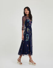Nyla Embellished Midi Dress in Recycled Polyester, Blue (NAVY), large
