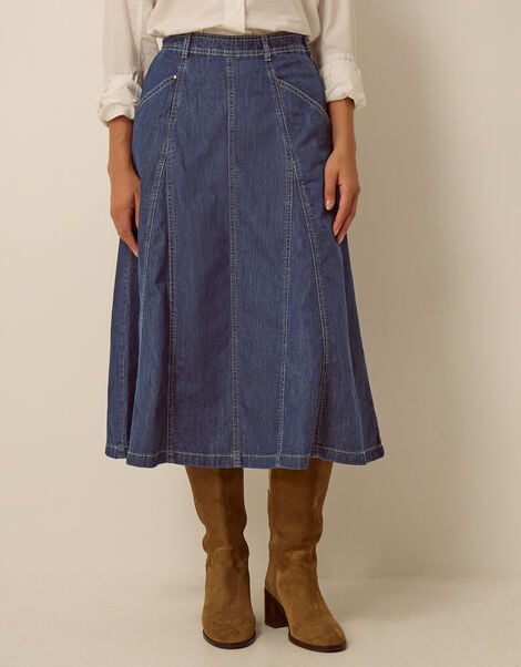 Harper Godet Denim Midi Skirt , Blue (INDIGO), large