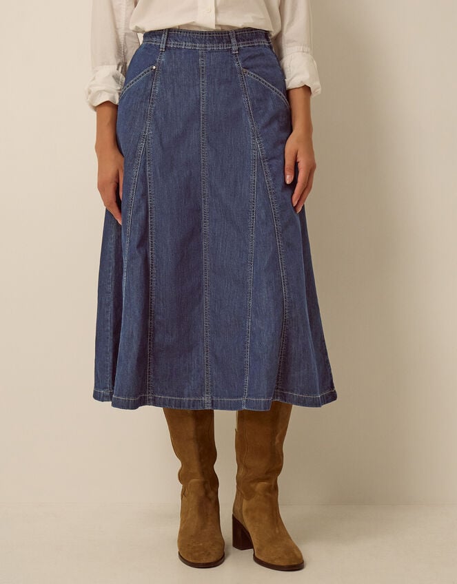 Harper Godet Denim Midi Skirt , Blue (INDIGO), large