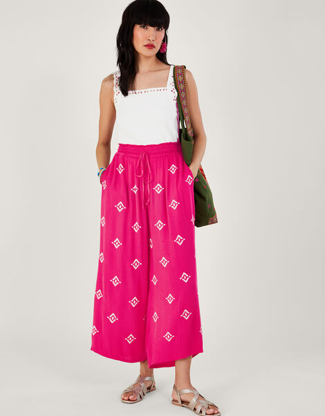 Embroidered Motif Wide Trousers in LENZING™ ECOVERO™, Pink (PINK), large
