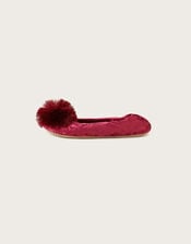 Velvet Pom-Pom Ballerina Flat Slippers, Red (BERRY), large