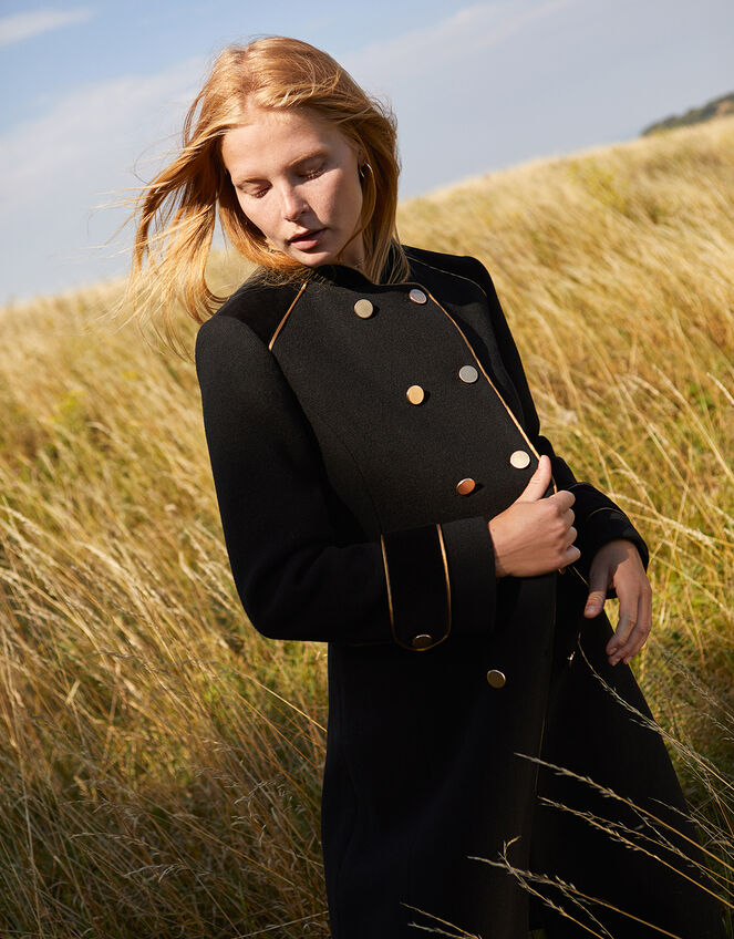Maddie Military Coat in Wool Blend, Black (BLACK), large