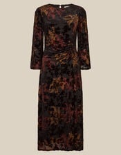 Dora Long Sleeve Floral Devor&eacute; Midi Dress, Black (BLACK), large