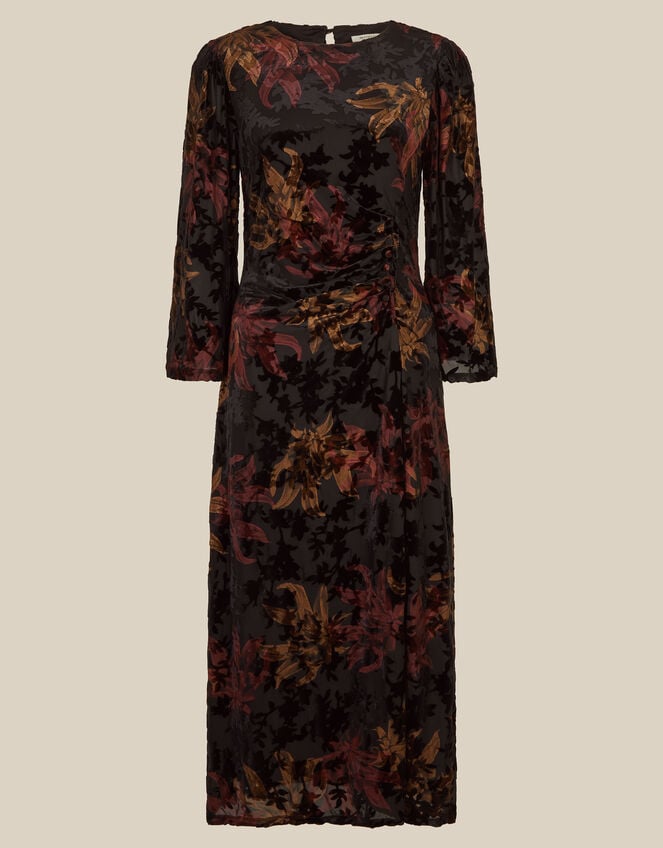 Dora Long Sleeve Floral Devor&eacute; Midi Dress, Black (BLACK), large