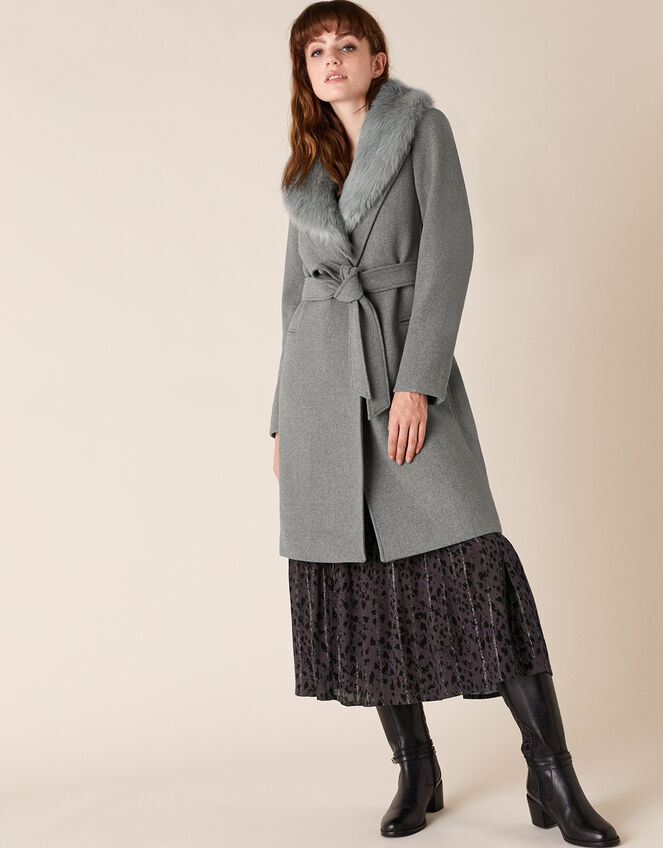 Faux Fur Collar Coat in Wool Blend, Grey (GREY), large