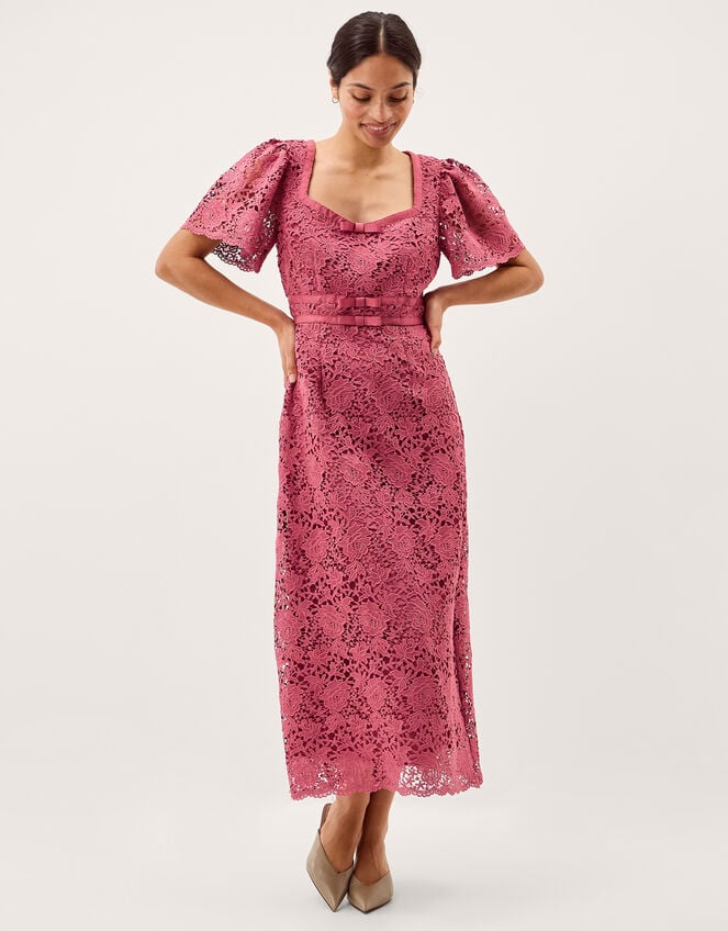 Regina Short Sleeve Lace Midi Dress, Pink (ROSE), large
