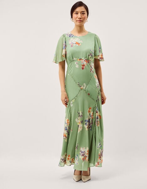 Amber Flutter Floral Print Maxi Dress, Green (GREEN), large