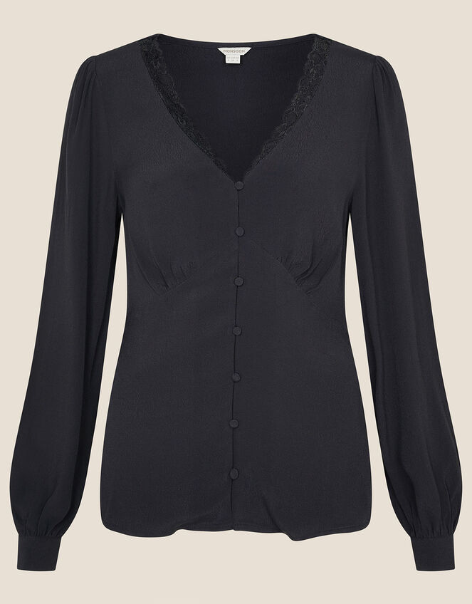 Lace Trim Long Sleeve Blouse, Black (BLACK), large