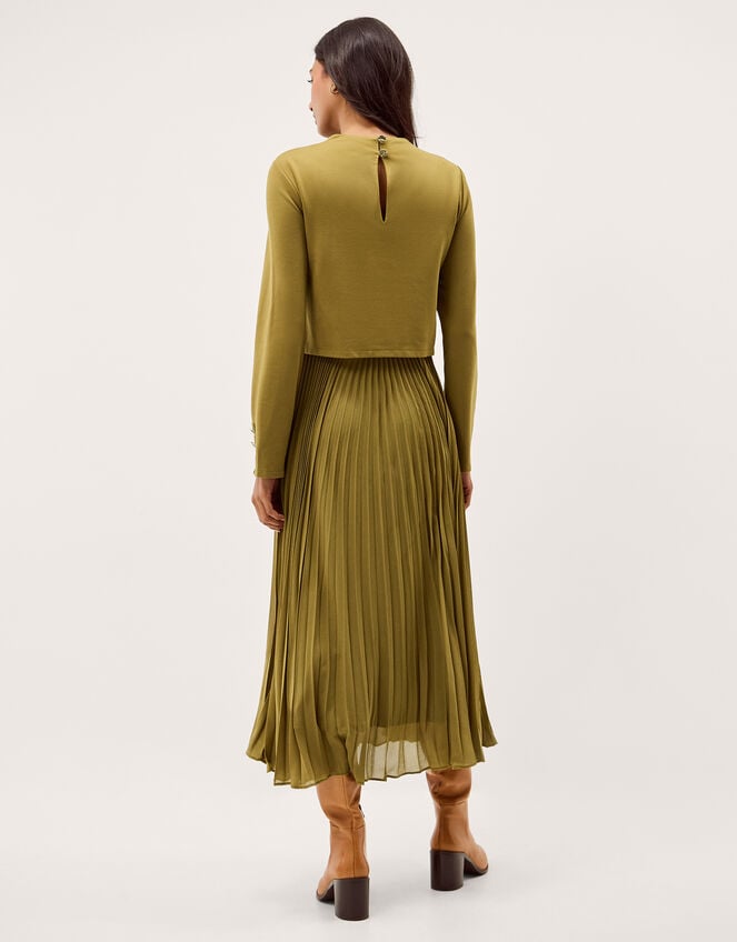 Penny Pleated Midi Dress, Green (OLIVE), large