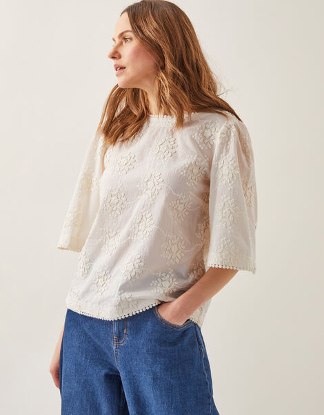 Harika Floral Embroidered Top, Ivory (IVORY), large