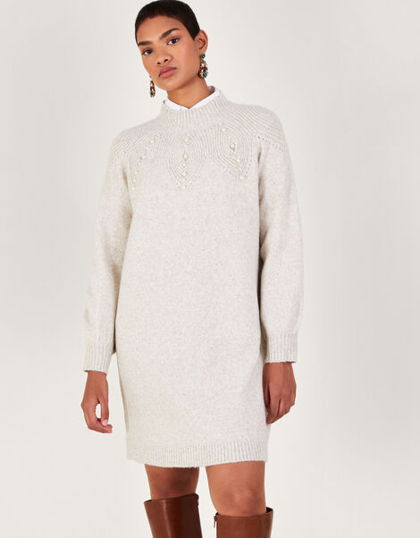 Pearl Detail Dress, Ivory (IVORY), large