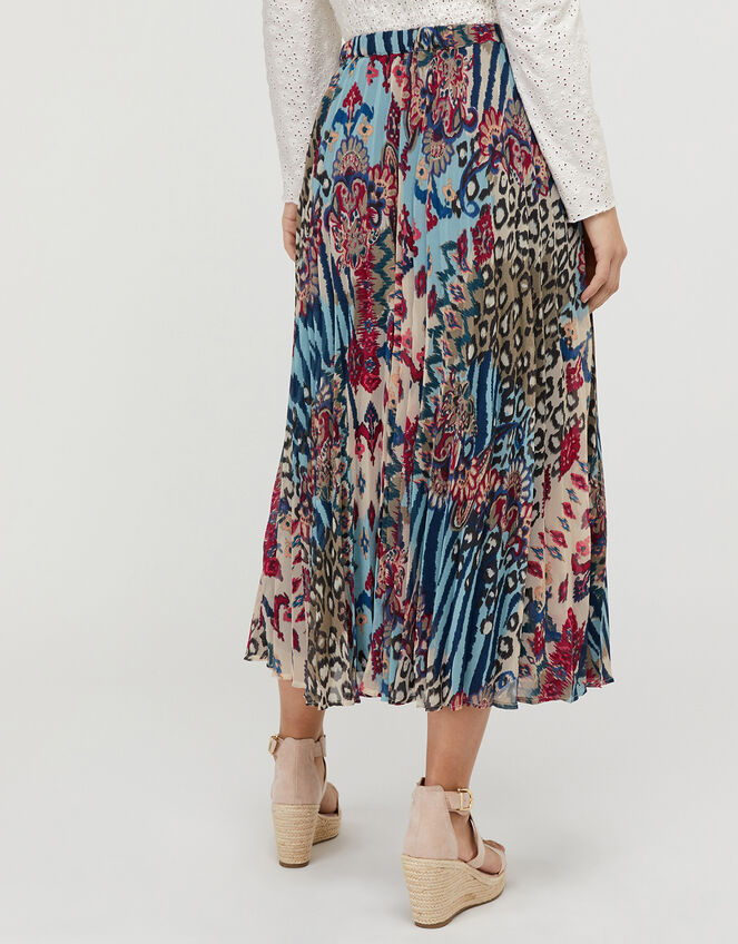 Mercy Mixed Print Pleated Skirt, Blue (BLUE), large