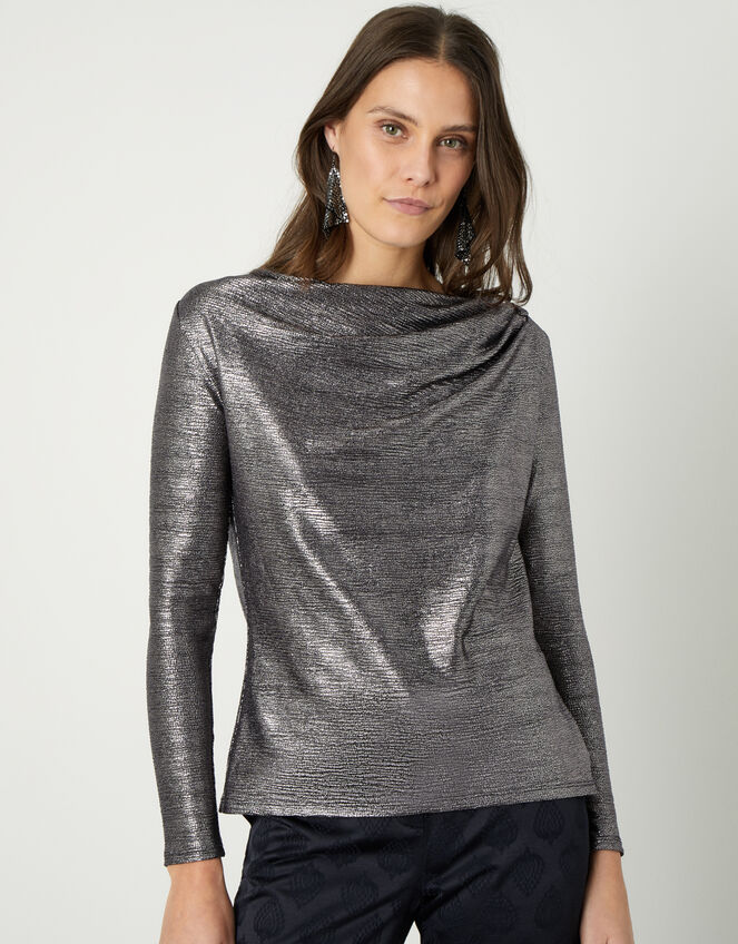 Mandy Metallic Cowl Neck Top, Black (BLACK), large