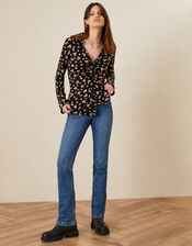 Ditsy Print Ruched Jersey Shirt, Black (BLACK), large